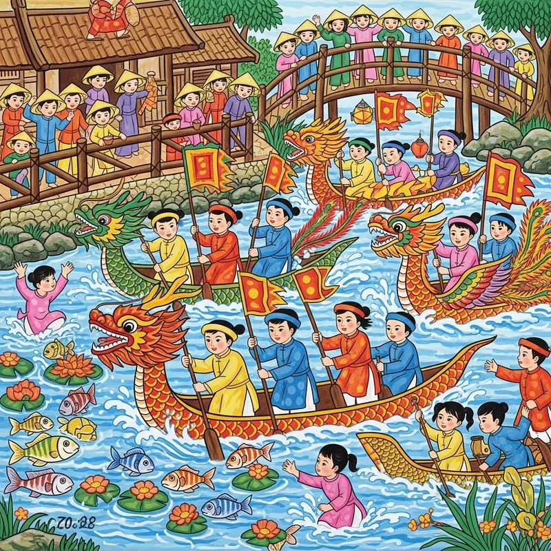 vẽ tranh đua thuyền rồng truyền thống 
