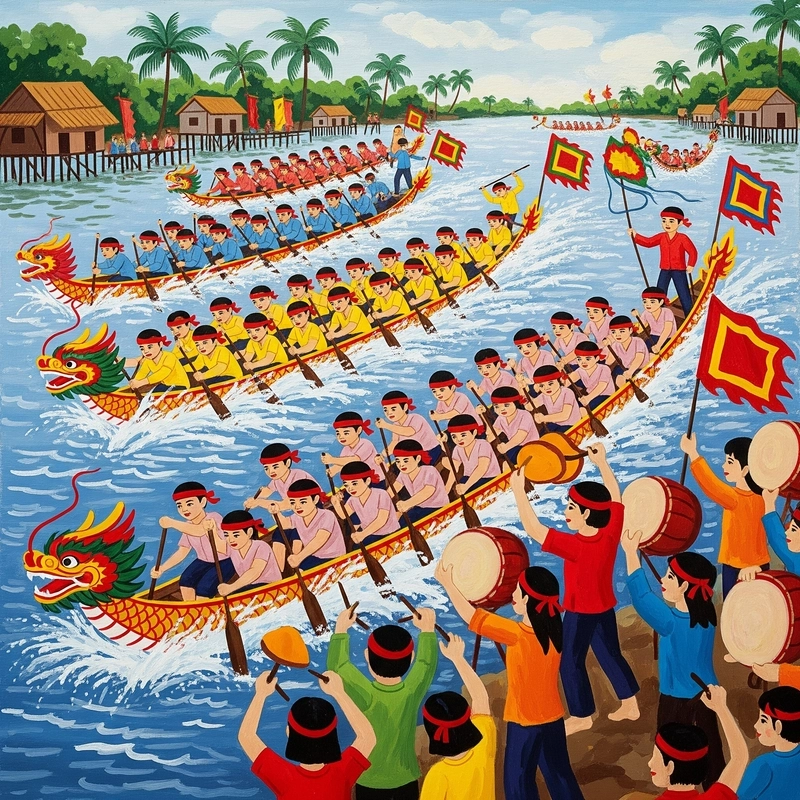 tranh vẽ đua thuyền dân gian 