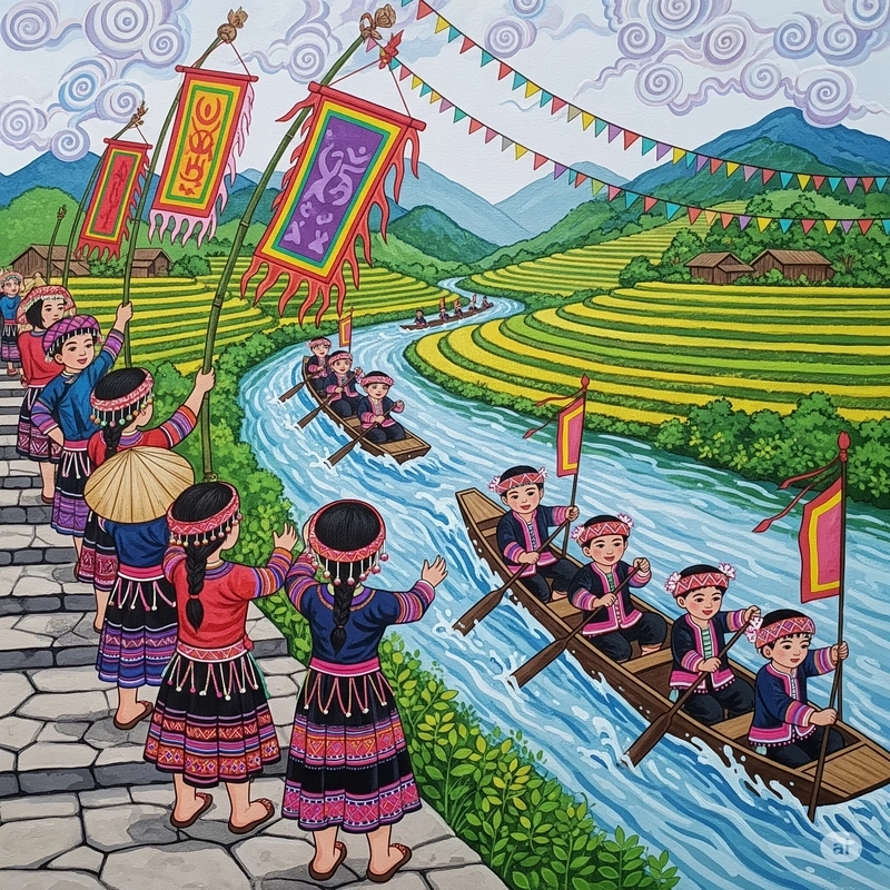 vẽ tranh lễ hội đua thuyền phong cảnh 