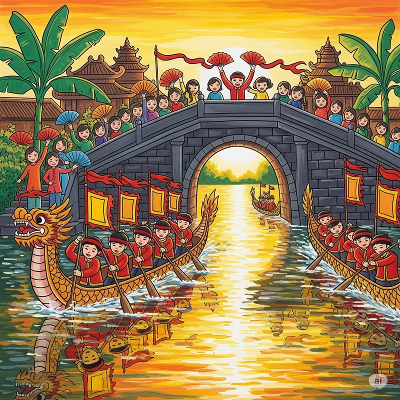 vẽ tranh hội làng đua thuyền 