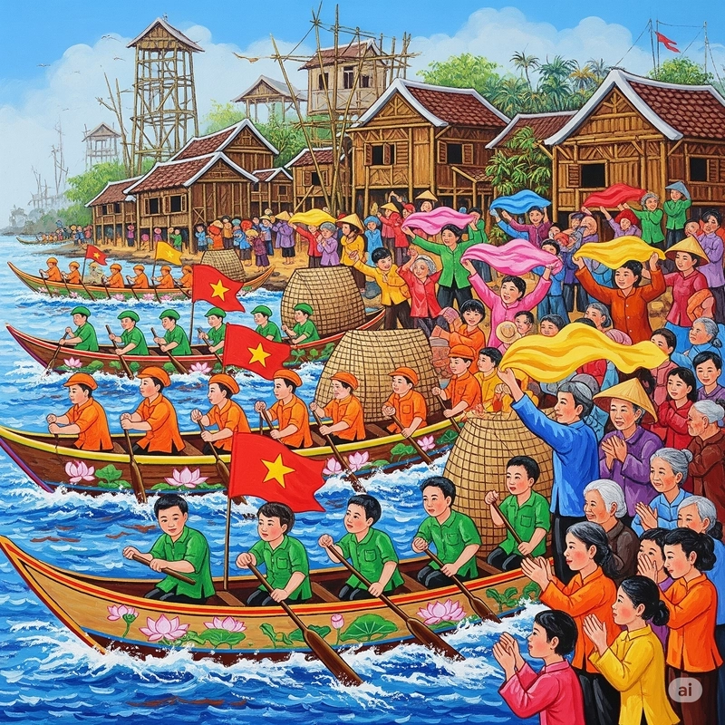 vẽ tranh thiếu nhi lễ hội đua thuyền 
