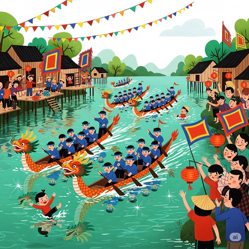 vẽ tranh lễ hội đua thuyền văn hóa 