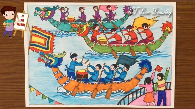 vẽ tranh truyền thống đua thuyền 