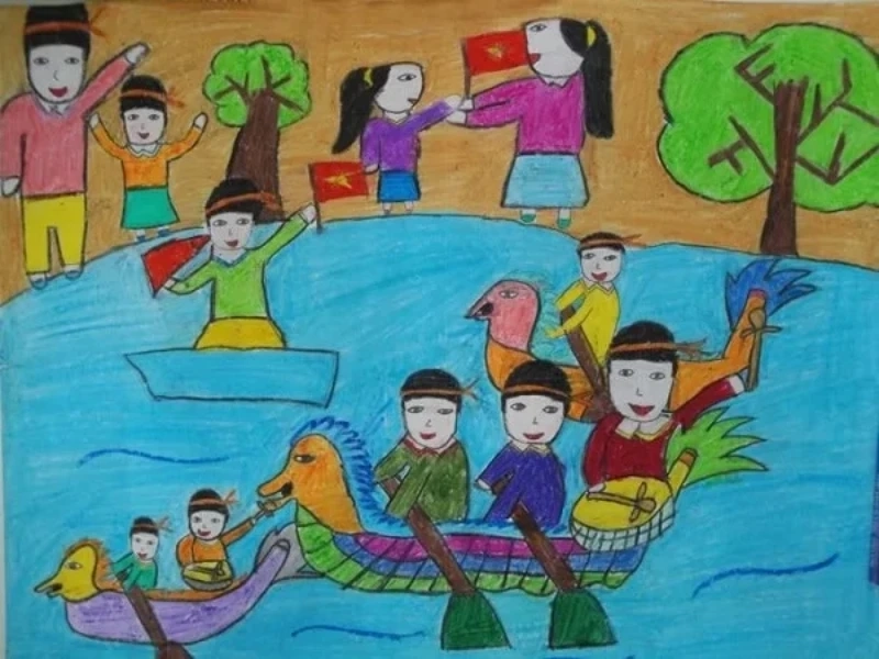 vẽ tranh đua thuyền truyền thống đẹp 