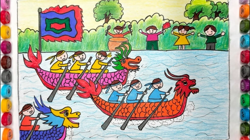 tranh vẽ lễ hội đua thuyền 