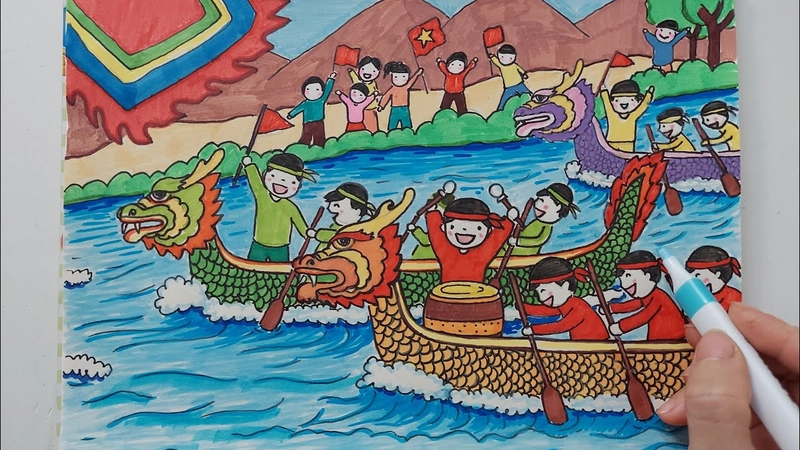 vẽ tranh lễ hội đua thuyền đơn giản 