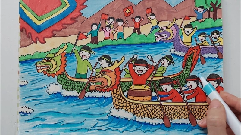 vẽ tranh đề tài lễ hội đua thuyền 