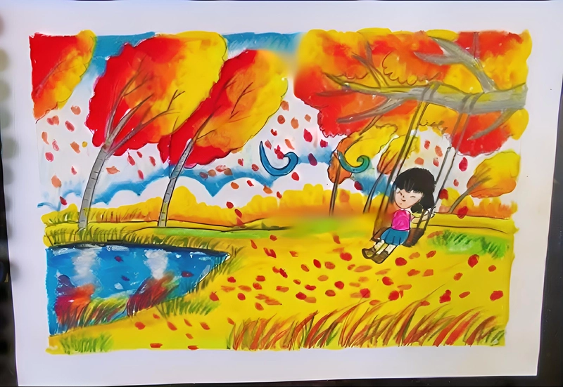 vẽ tranh mùa thu lớp 3 bằng sáp màu 