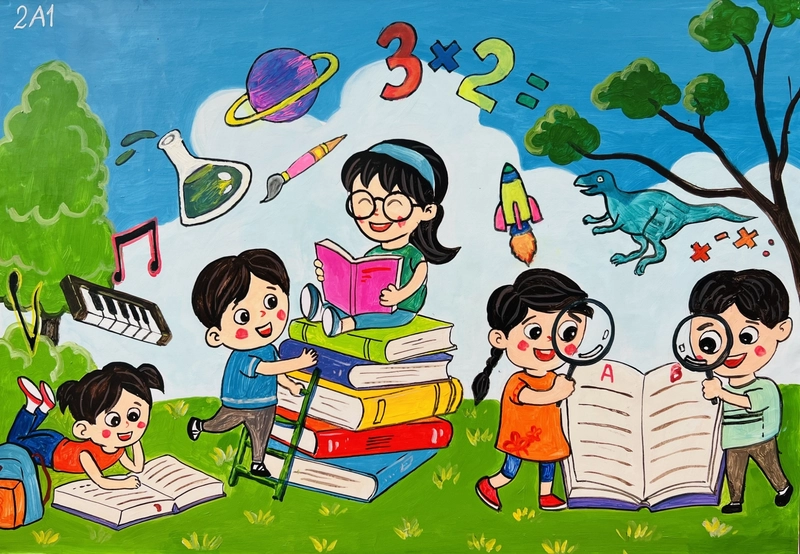 vẽ tranh ngày hội đọc sách tại sân trường 