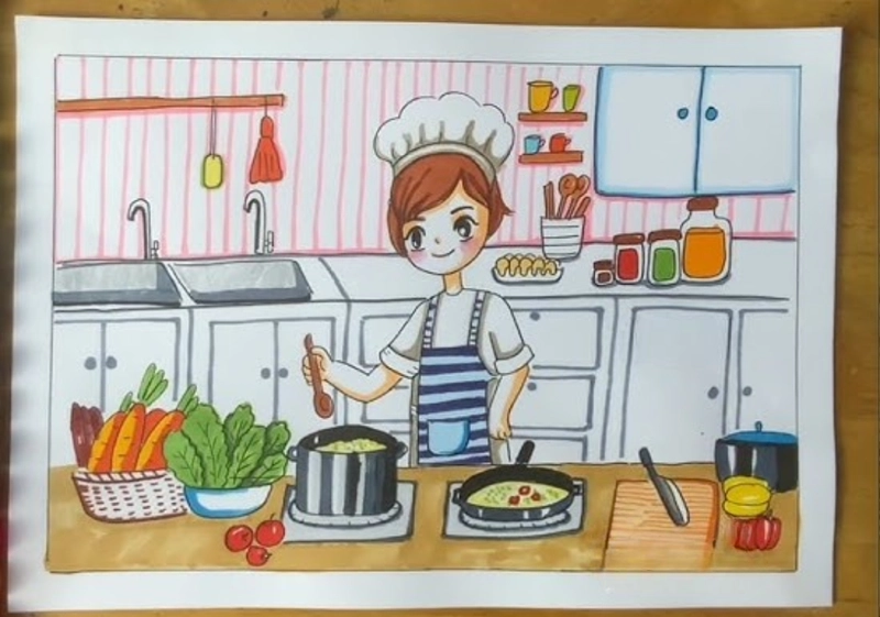 vẽ tranh nghề nghiệp đầu bếp dễ thương 