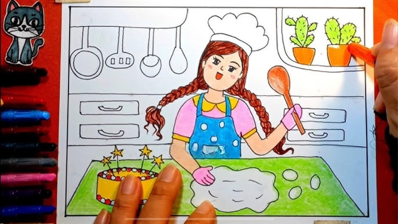 học sinh vẽ tranh nghề nghiệp đầu bếp 