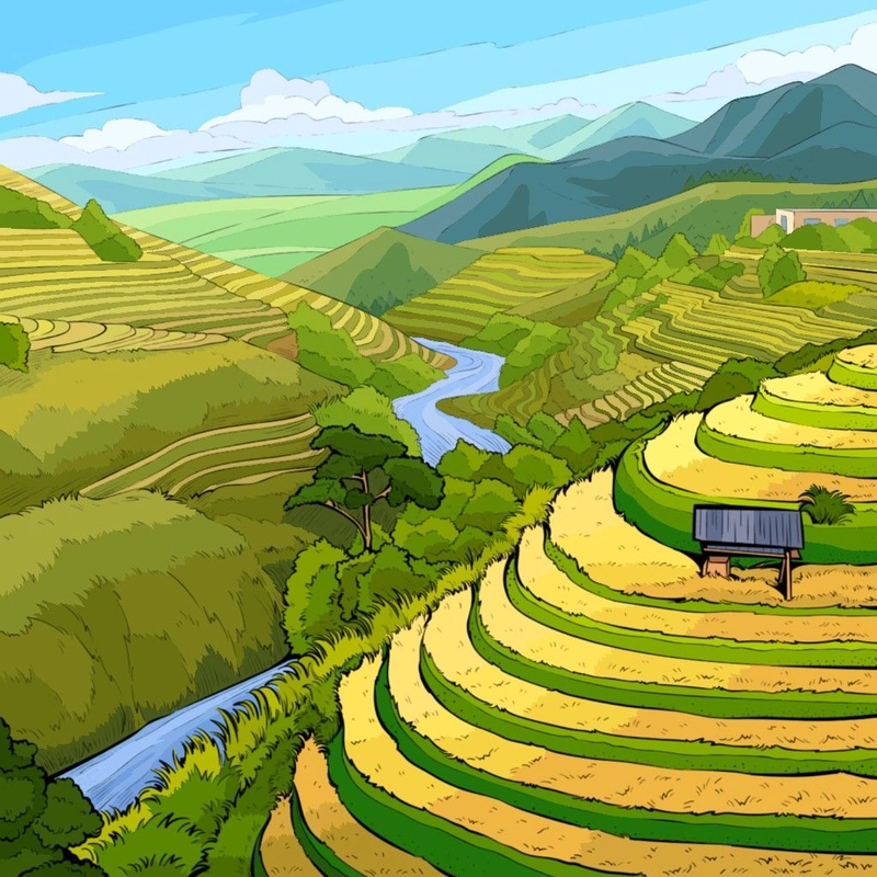 vẽ tranh ruộng bậc thang đơn giản đẹp 
