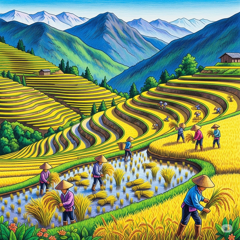 tranh vẽ phong cảnh ruộng bậc thang sáng tạo 
