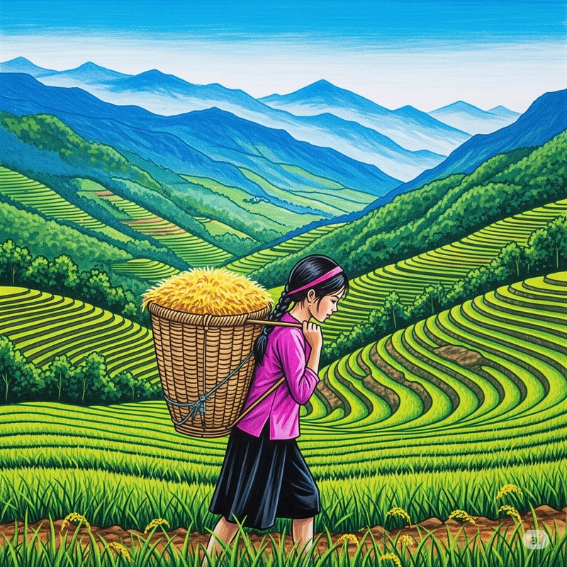 vẽ tranh ruộng bậc thang bằng màu nước 