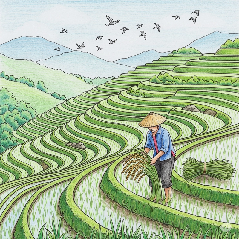 tranh ruộng bậc thang đẹp đơn giản dễ vẽ 