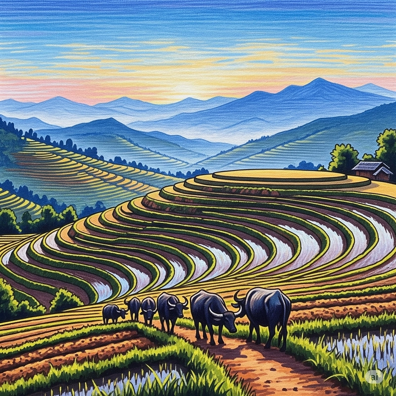 vẽ tranh ruộng bậc thang quê hương đơn giản 