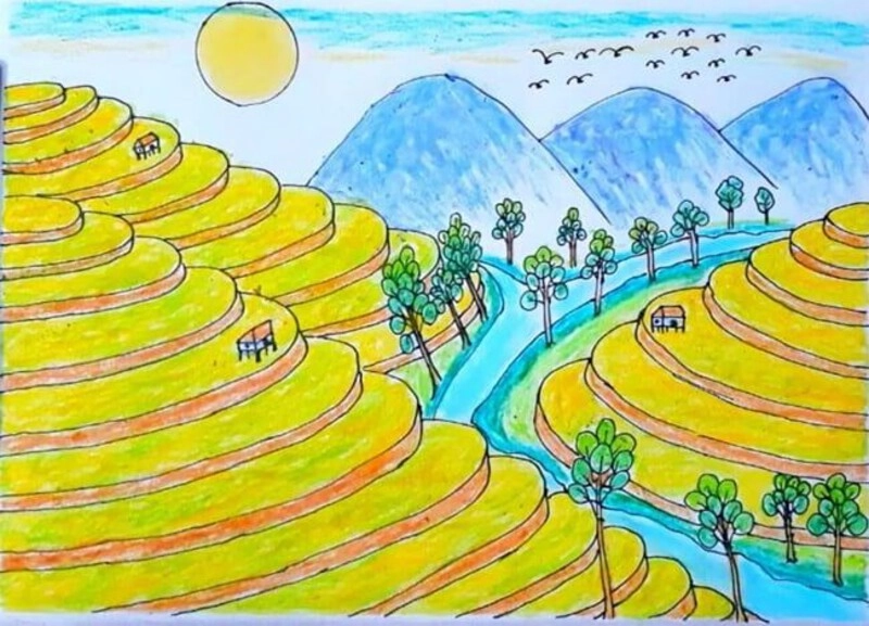 vẽ ruộng bậc thang đơn giản phong cảnh núi đồi 