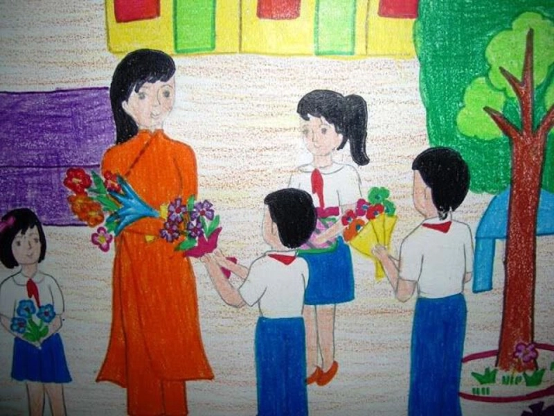tranh vẽ thầy cô và mái trường đơn giản nhất 
