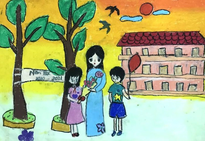 tranh vẽ thầy cô và mái trường ngắn gọn 