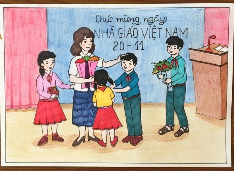 vẽ tranh thầy cô và mái trường ngày 20/11 