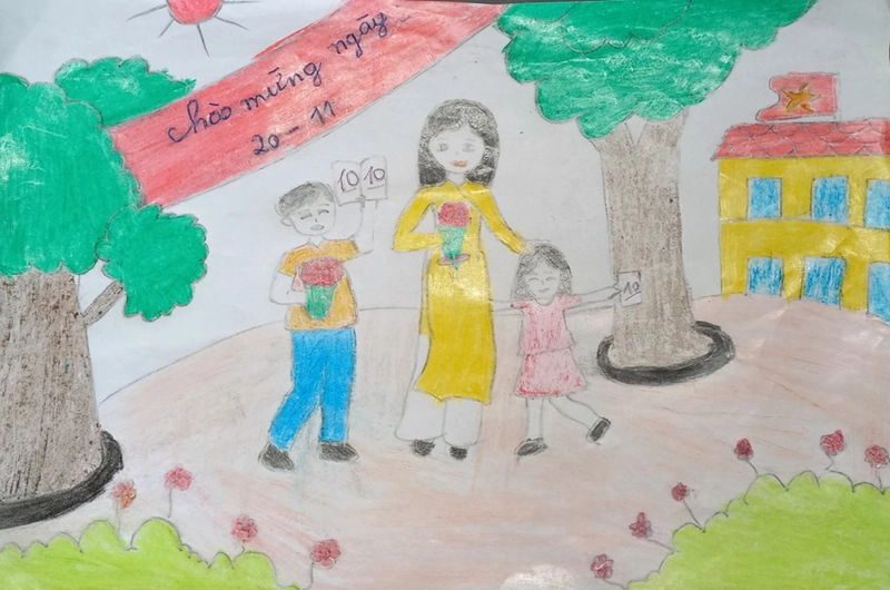 tranh vẽ thầy cô và mái trường bằng bút chì 
