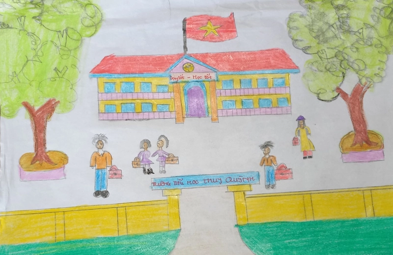vẽ tranh thầy cô và mái trường bằng màu sáp 