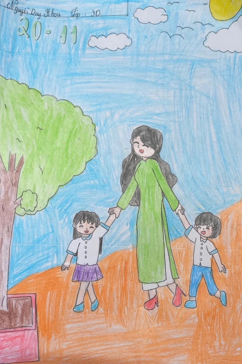 vẽ tranh thầy cô và mái trường chibi dễ thương 
