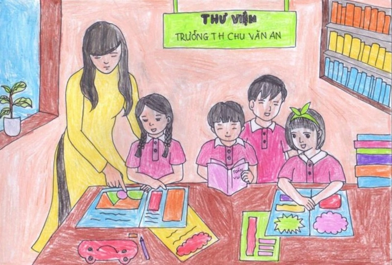 vẽ tranh chủ đề thầy cô và mái trường dễ thương 