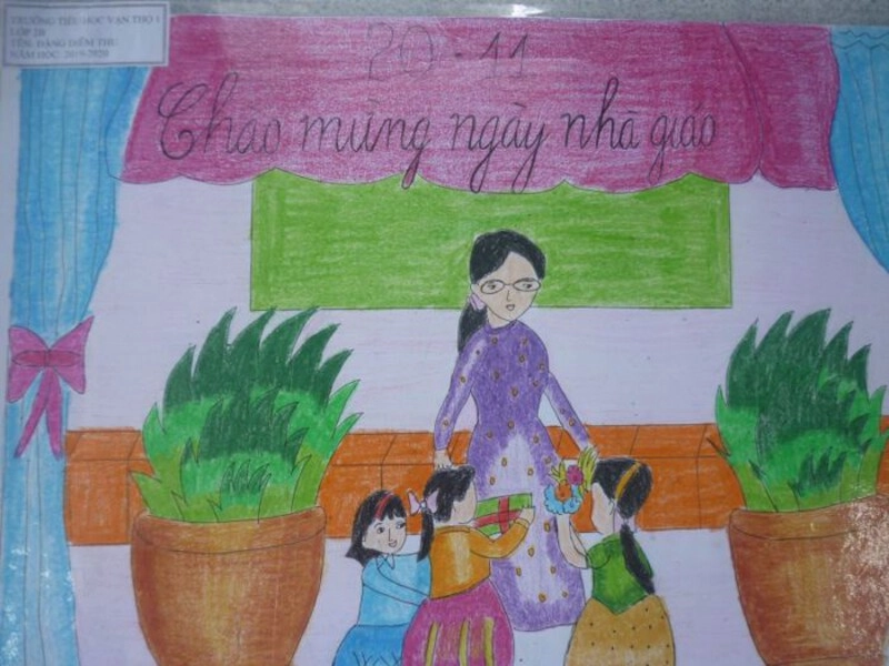 vẽ tranh thầy cô và mái trường lớp 3 dễ thương 