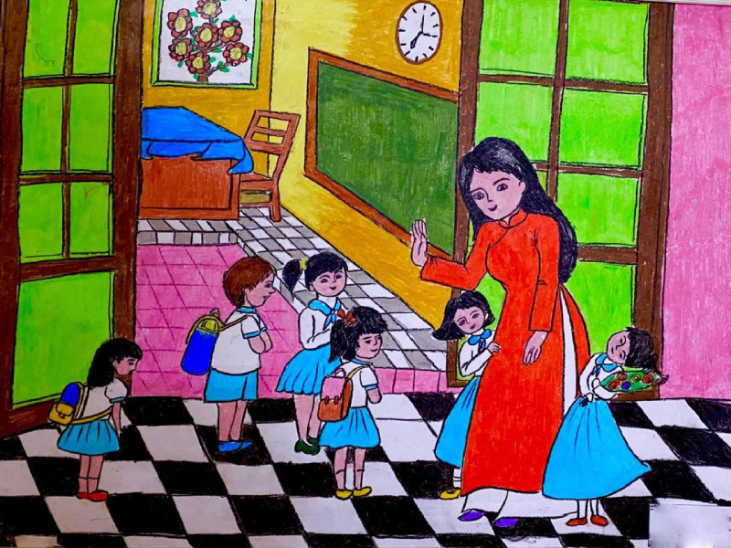 vẽ tranh thầy cô và mái trường đẹp