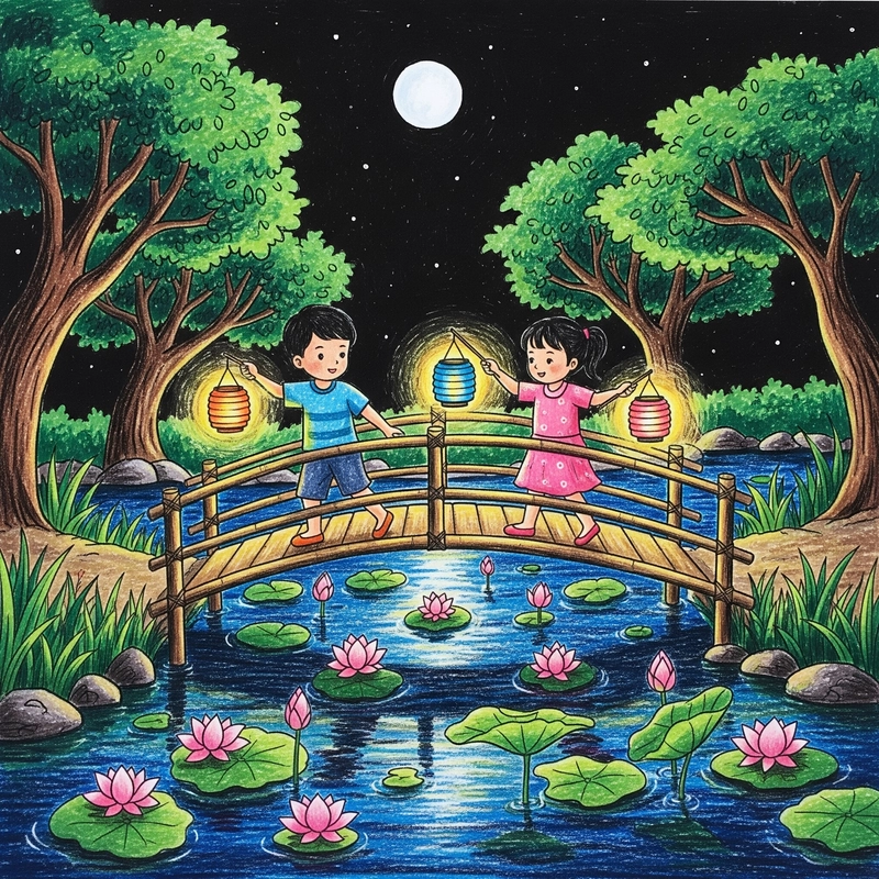 tranh lễ hội trung thu rước đèn 