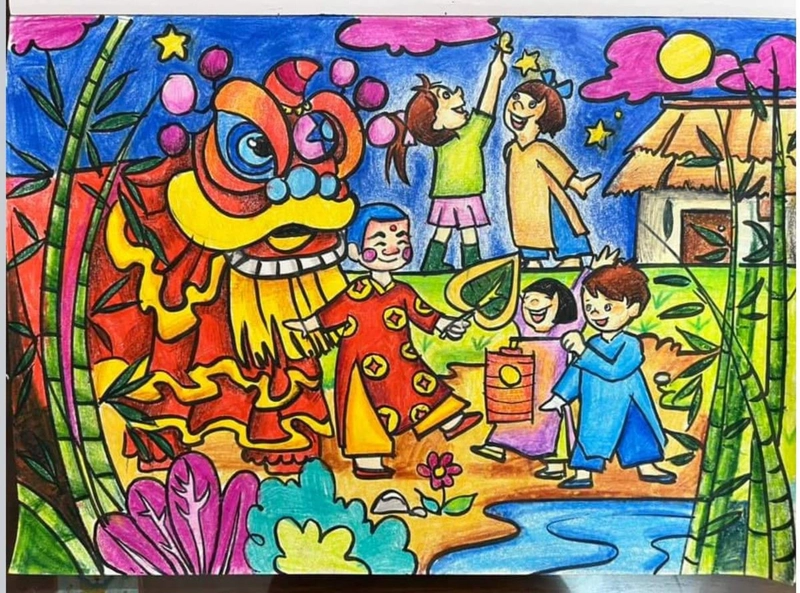 trung thu rước đèn vẽ tranh đẹp 