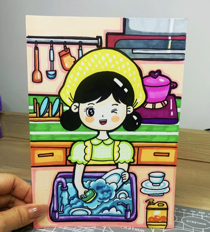 Ảnh tranh vẽ bé rửa bát