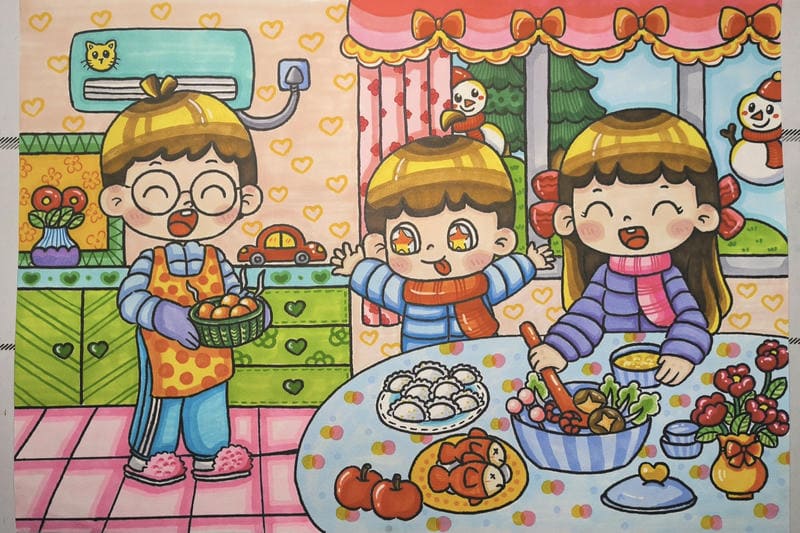 Bức tranh các bạn đang nấu ăn