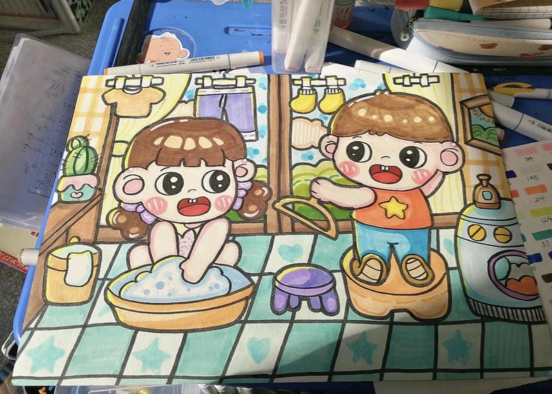 Bức tranh các bạn nhỏ làm việc nhà