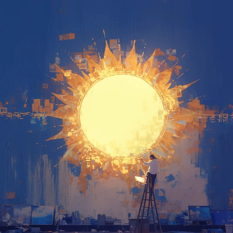 Hình ảnh mặt trời nghệ thuật rực lửa trên nền xanh