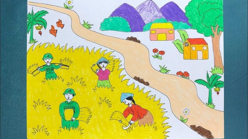 Tranh gặt lúa đồng vàng