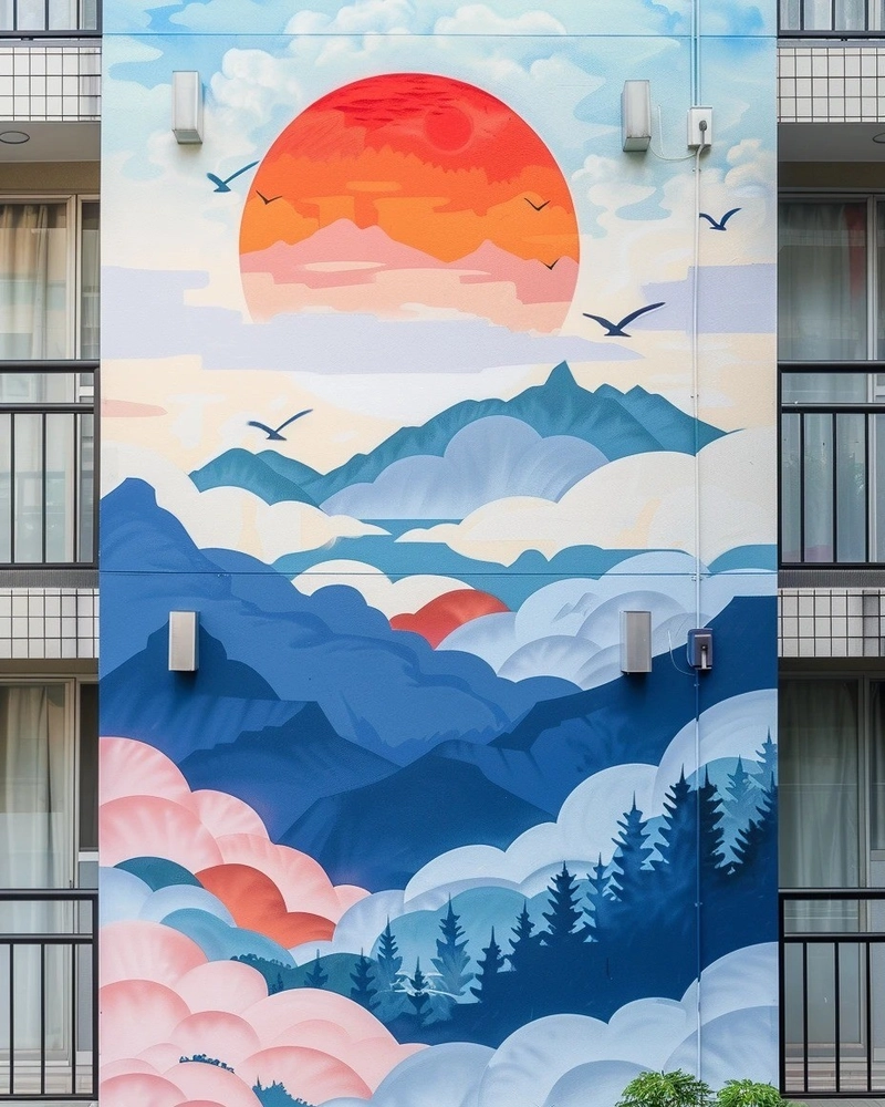 Tranh phong cảnh mặt trời đỏ rực trên núi xanh biếc