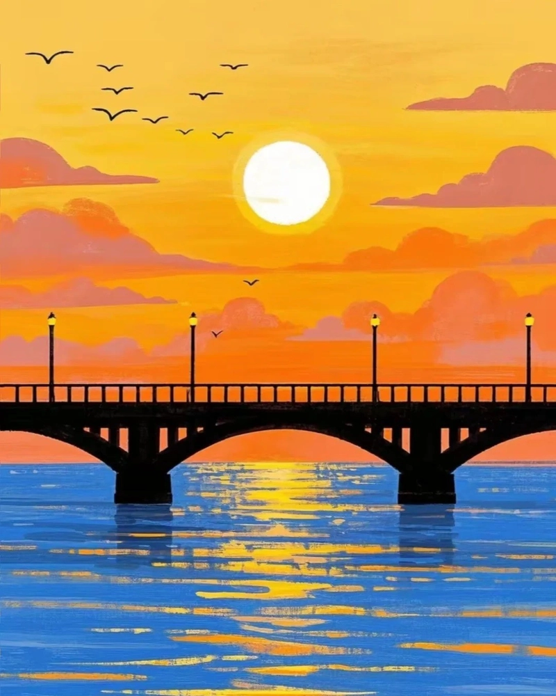 Tranh phong cảnh mặt trời lặn sau cây cầu trên biển