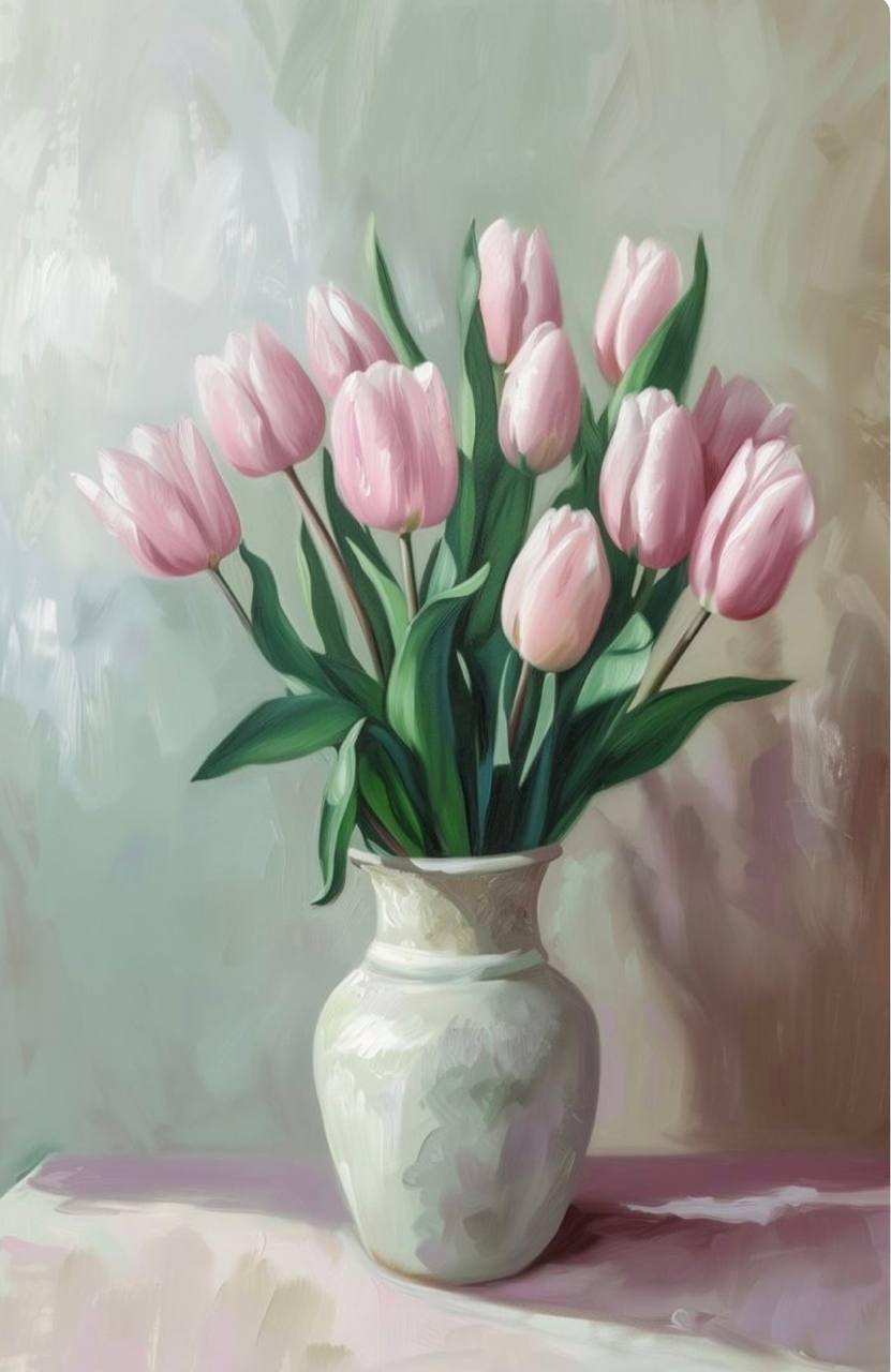 Tranh tĩnh vật bình hoa tulip tươi sáng