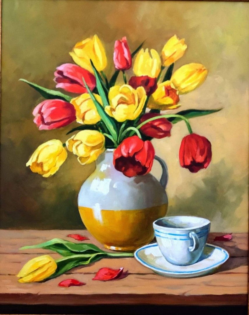 Tranh tĩnh vật hoa tulip màu nước nghệ thuật