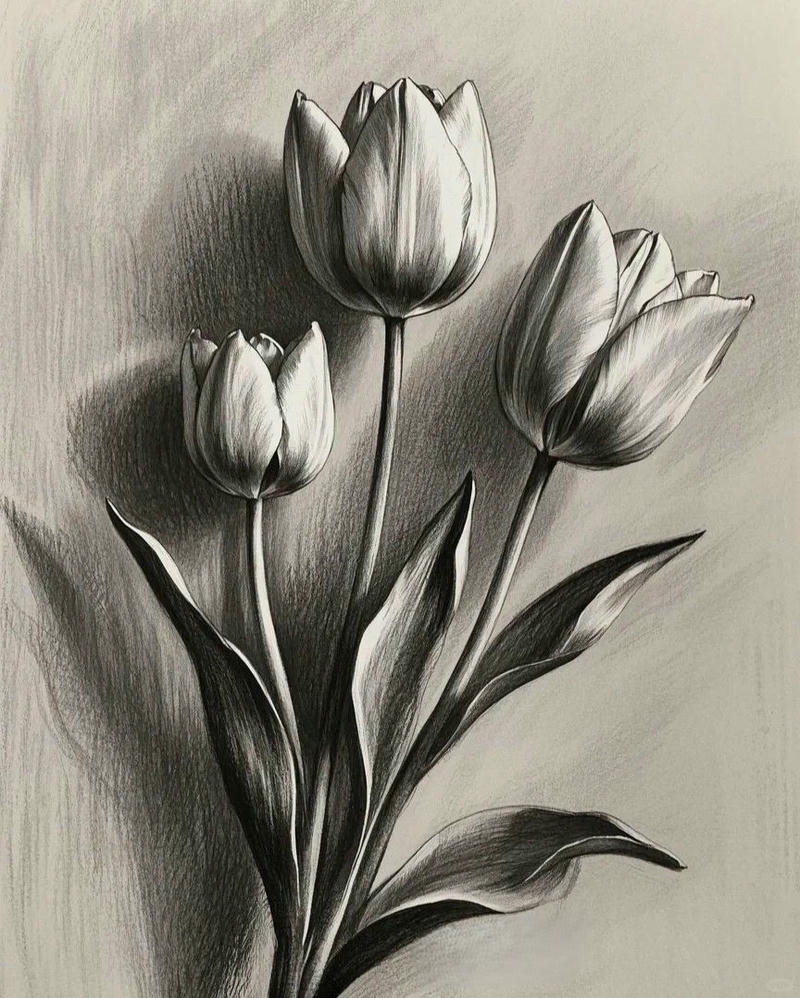 Tranh tĩnh vật hoa tulip và sách cũ trên bàn gỗ