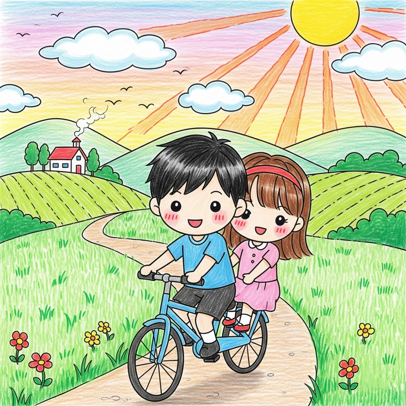 Tranh vẽ 2 bé đi xe đạp