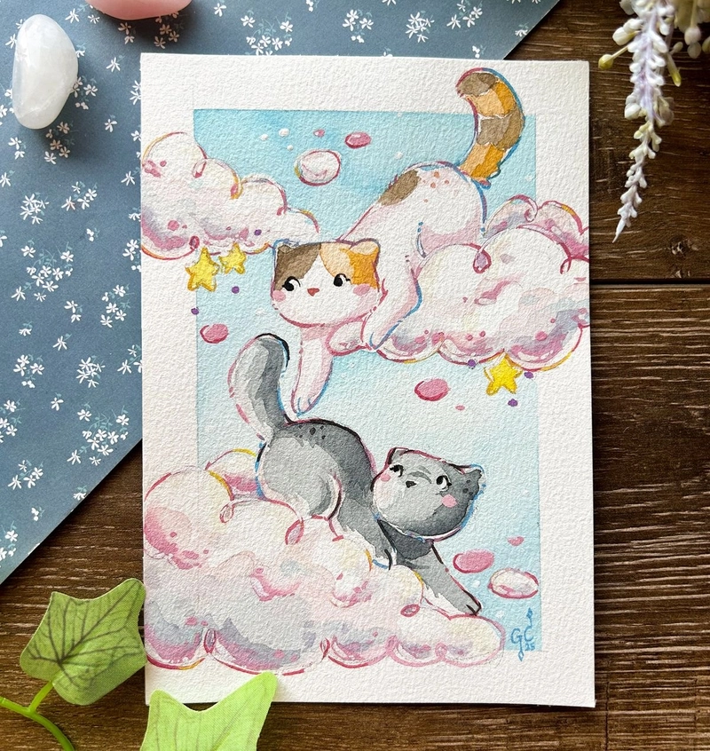 Tranh vẽ 2 con mèo cute