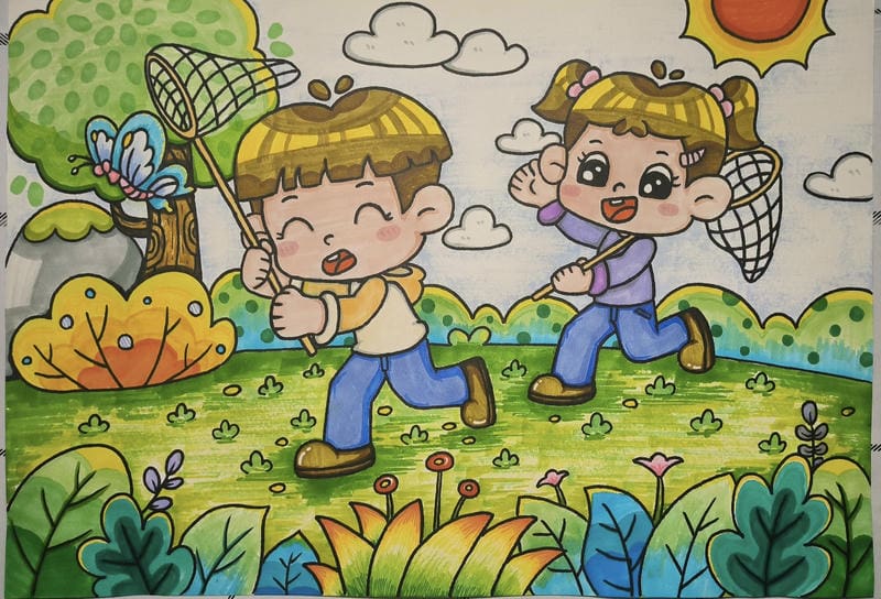 Tranh vẽ 2 em nhỏ chơi đùa