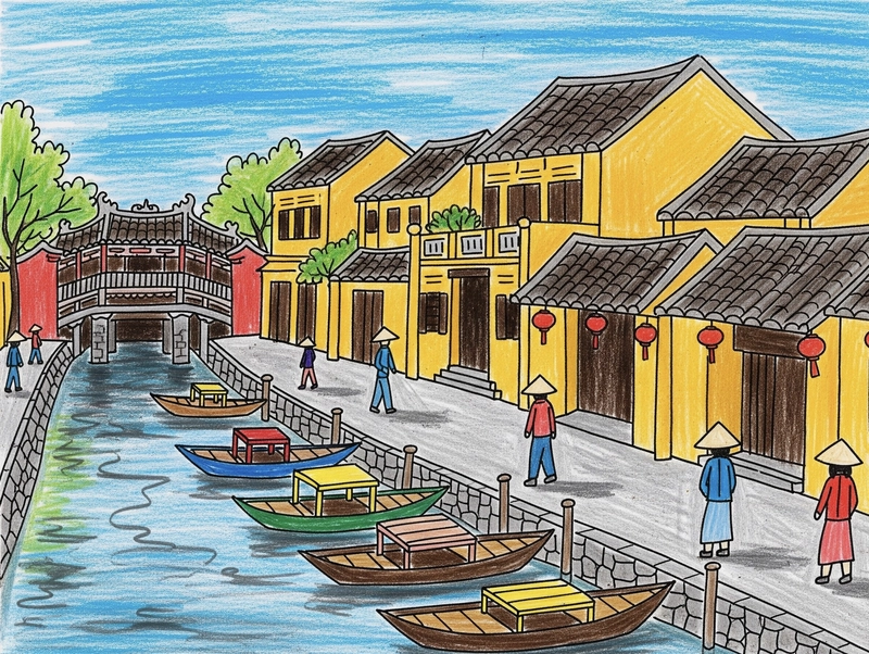 Tranh vẽ Phố cổ Hội An có sông