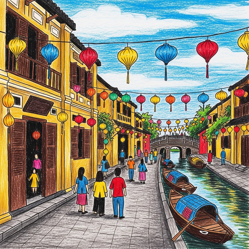 Tranh vẽ Phố cổ Hội An dễ