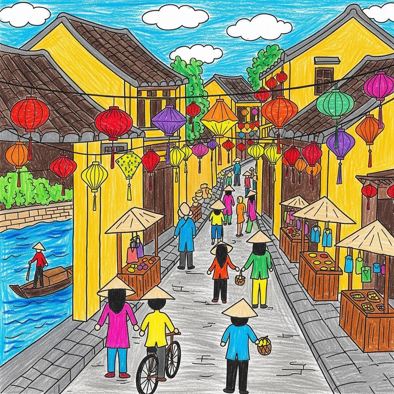Tranh vẽ Phố cổ Hội An đông đúc