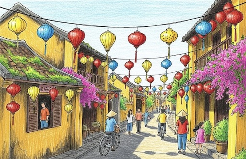 Tranh vẽ Phố cổ Hội An đường phố