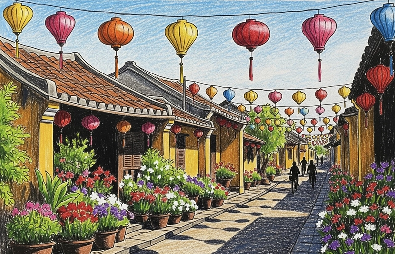 Tranh vẽ Phố cổ Hội An nhiều hoa
